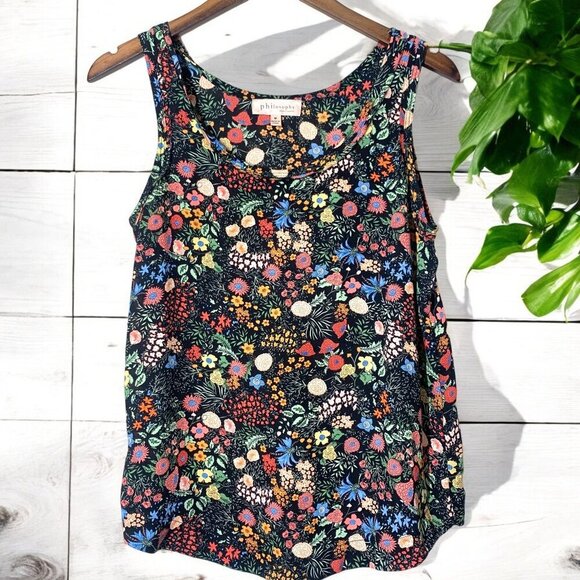 Philosophy Floral Scoop Neck Sleeveless Blouse Black Red Yellow Green Blue Sz M - Picture 1 of 7